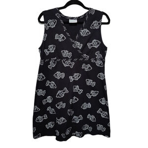 Vintage 90s Fresh Produce Sz M Baby Doll Dress Black White Fish Print Sleeveless